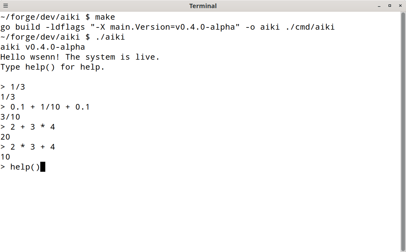 Aiki build, REPL, exact arithmetic, and left-to-right evaluation
