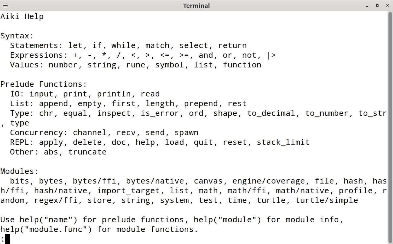 Aiki help showing syntax, prelude, and modules
